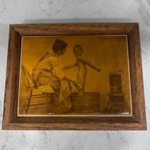Vtg R. Hendrickson Sepia Art Framed Print Woman Giving Child a Bath Metal Tub OS - Picture 2 of 5
